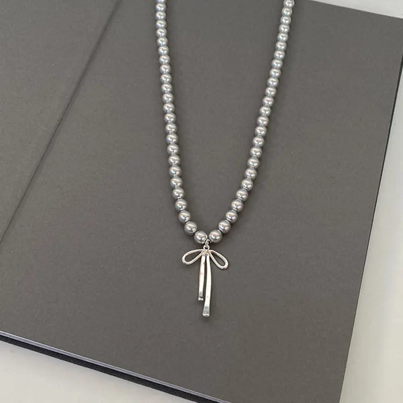 Fashionable Choker with Pendant Graceful Bowknot Pendant Choker Necklace with Gray Pearls Neck Jewelry Accessories Vera Lux