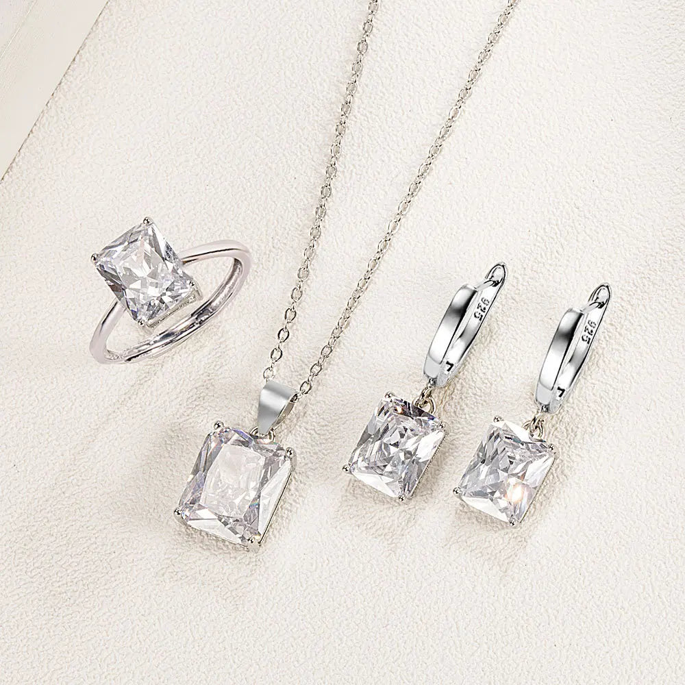 925 Sterling Silver  Elegant Jewelry Sets Ring Earrings Necklace For Women Rectangle Geometry Zircon Wedding Accessories Vera Lux