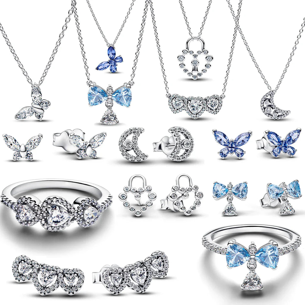 Original 925 Sterling Silver Charms Pendant Blue Bow Suit Bead for Wome Rings Earrings Necklace DIY Bracelet Fine Jewellery Gift Vera Lux