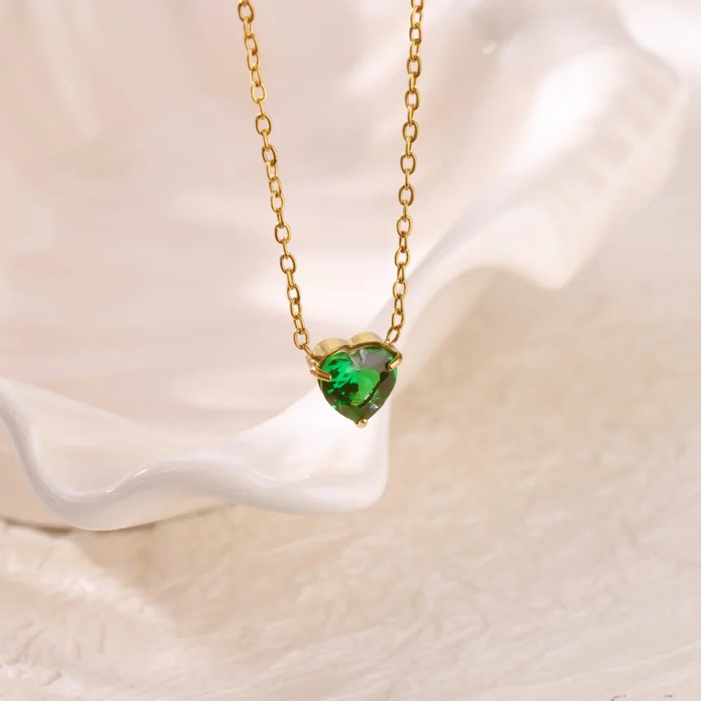 Stainless Steel Birthstone Pendant Necklace for Women Fashion Heart Crystal Zircon Charm Clavicle Chain Birthday Party Jewelry Vera Lux