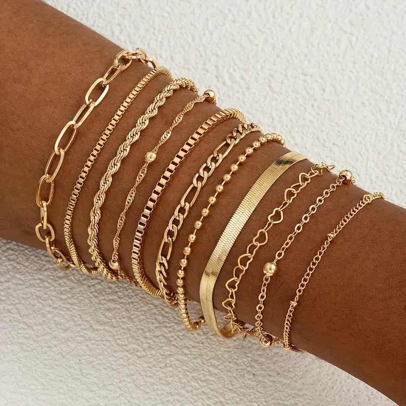 11pcs Chic Snake Chain Bracelet Set for Women Boho Simple Elegant Heart Geometric Chain Vacation Date Casual Jewelry Gifts 2025 Vera Lux