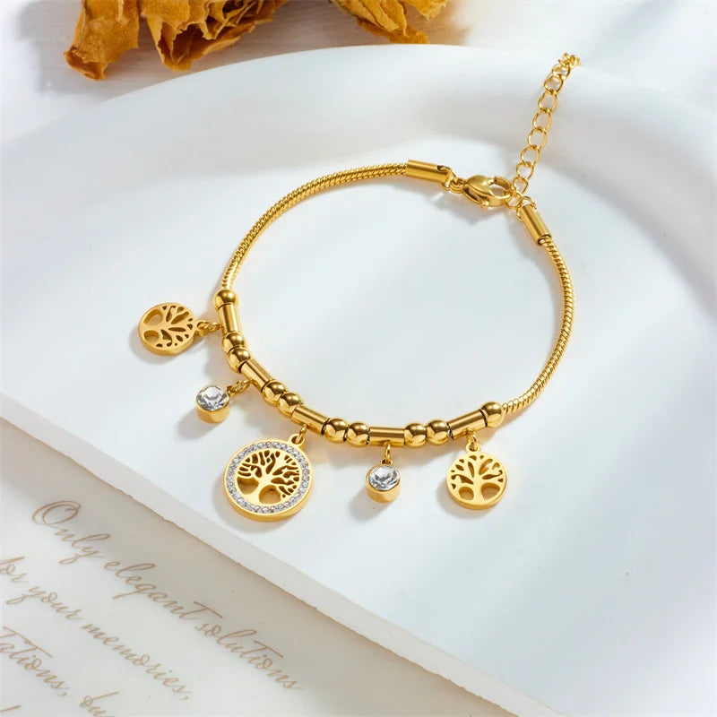 316L Stainless Steel Elegant Gold Color Tree - of - Life Charms Bracelet With Shiny Zircon Stone For Women's Daily Wear Vera Lux