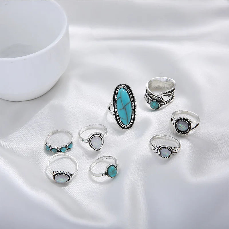 8Pcs/Set Rings Set Fashion Casual New Retro Set With Turquoise Carved Feather Ring Set High-grade Jewelry Vera Lux