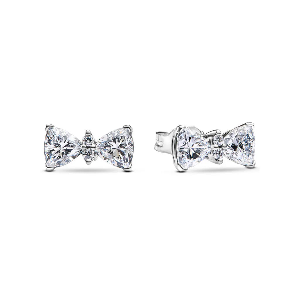 European New 925 Silver White Pink Stone Red Bow Stud Earrings, Fit Women's Festival Exquisite Charm Jewelry Gifts Vera Lux