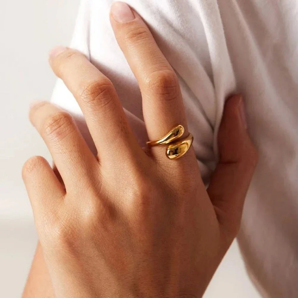SUNIBI Double Opening Ring for Woman Golden Glossy Feather Design Ring 316 Stainless Steel Women's Fashion Jewelry Wholesale Vera Lux