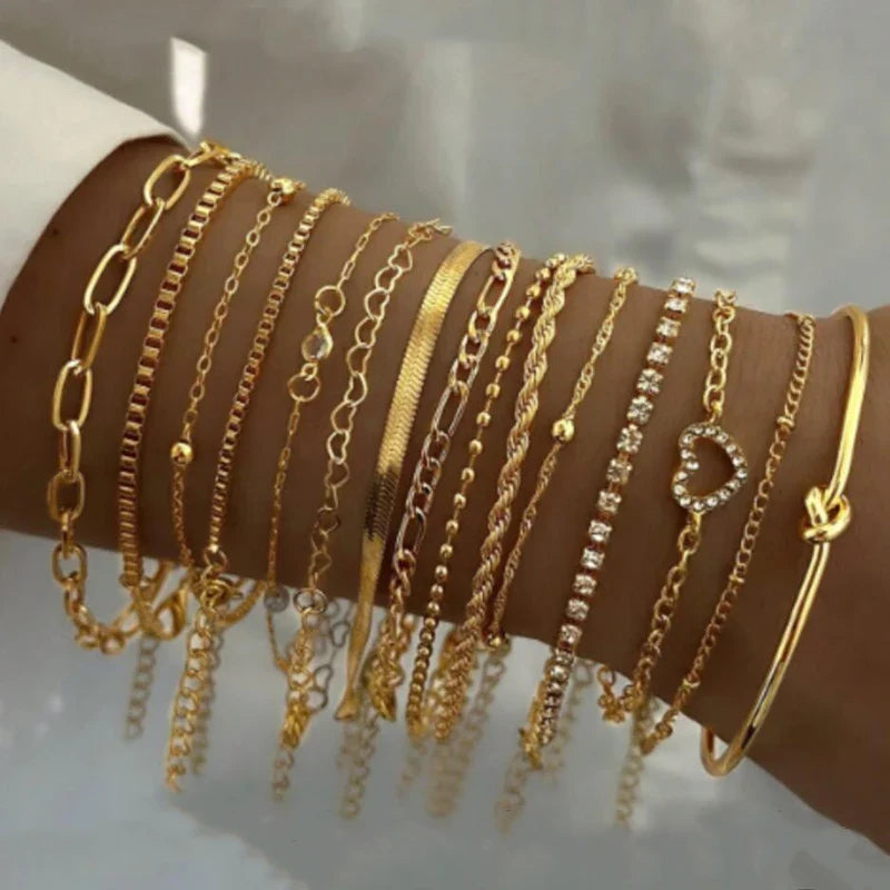13Pcs/Set Stainless Steel Bracelet for Women, Silver Gold Color Multi Style Combination Chain, Waterproof Exquisite Jewelry Gift Vera Lux