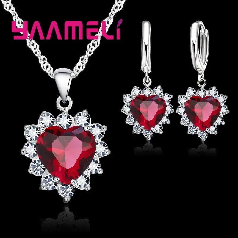 Trendy 925 Sterling Silver Jewelry Set for Women Heart CZ Stone Charm Pendants Necklaces Earrings LOVE Anniversary Gift Vera Lux