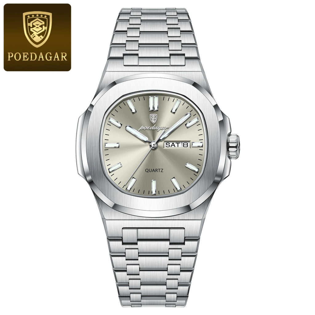 POEDAGAR Trendy Casual Wristwatch For Men Week Date Stainless Steel Man Watch Luminous Waterproof Luxury Quartz Men Watches+Box Vera Lux