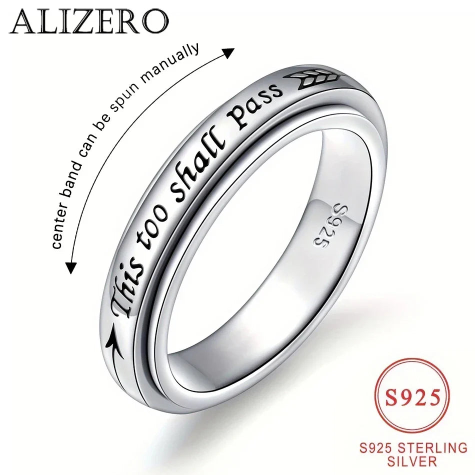 925 Sterling Silver Rotating Ring - "This Too Shall Pass" Quote, Adjustable 6-10 US Size, Bohemian Vintage Style for Women Men Vera Lux