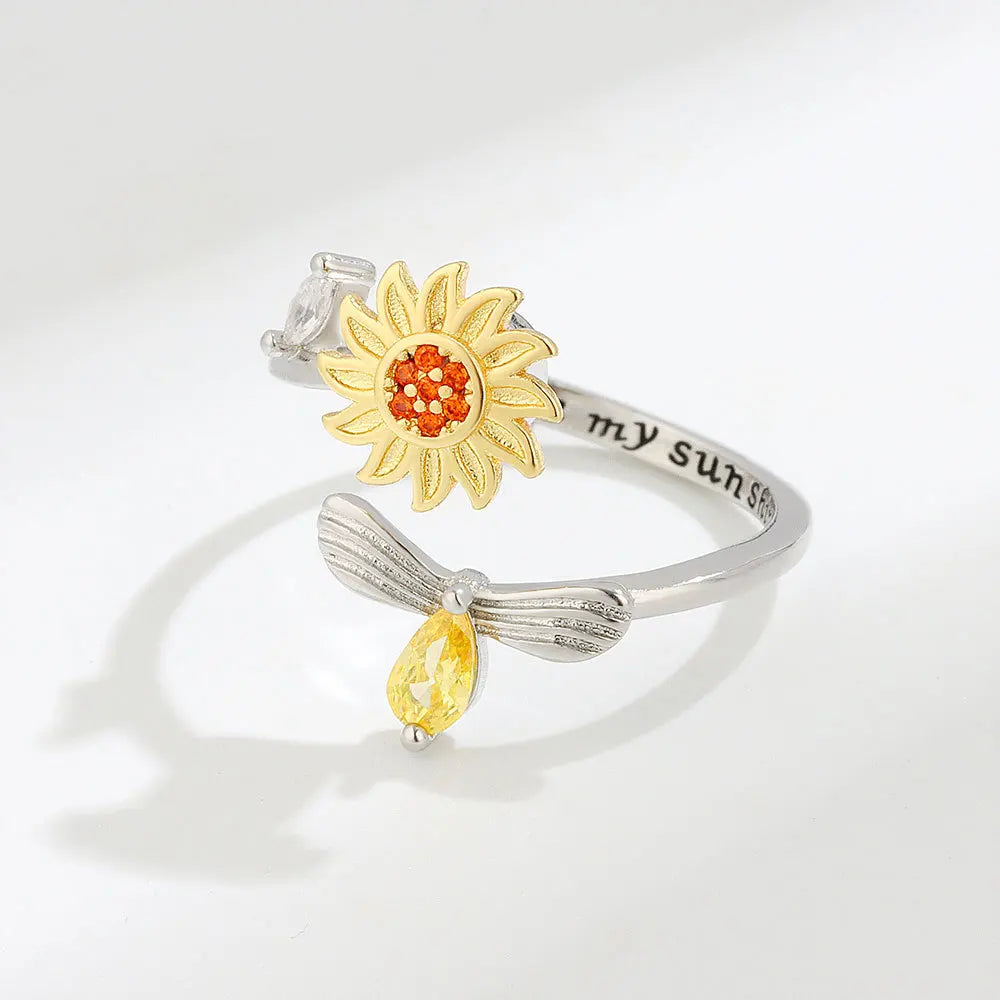Shining Crystal Sunflower And Bee Fidget Spinner Rings For Women Anti Anxiety Control Anti Stress Rotating Ring Girls Gift Vera Lux