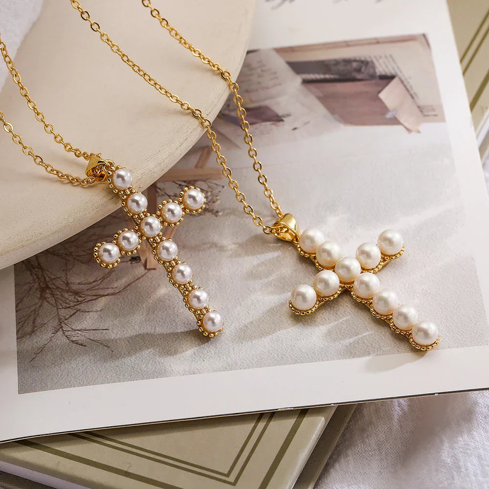 NEWBUY Classic Design Cross Pendant Gold Color 316L Stainless Steel Chain Necklace For Women Luxury Pearl Jewelry Vera Lux