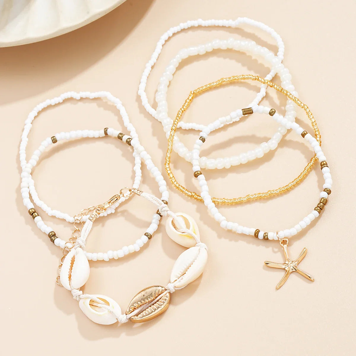7pcs/set Bohemian Holiday Wind Shell Beaded Woven Bracelet Starfish Rice Beads Women's Bracelet Set Beach Party Seaside Holiday Vera Lux