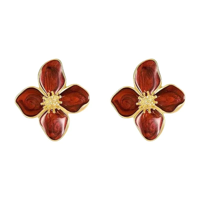 Fashion Korean Women Retro Drip Glaze Red Flower Earrings Women for Delicate Earrings Luxury Couple Engagement Jewelry Gift Vera Lux