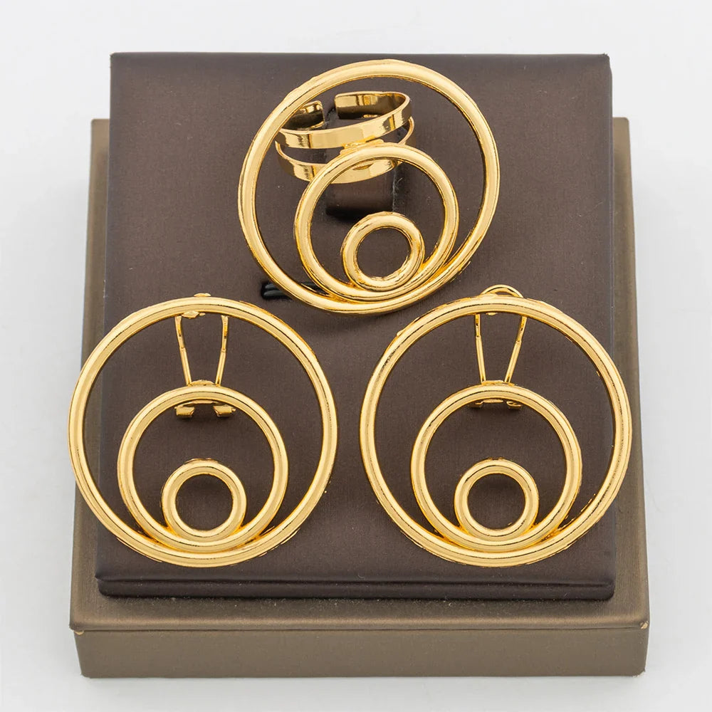 Trend Gold Color Earrings Jewelry Set for Women Hollow Design Clip Earrings with Finger Ring Daily Wear for Party Accessories Vera Lux