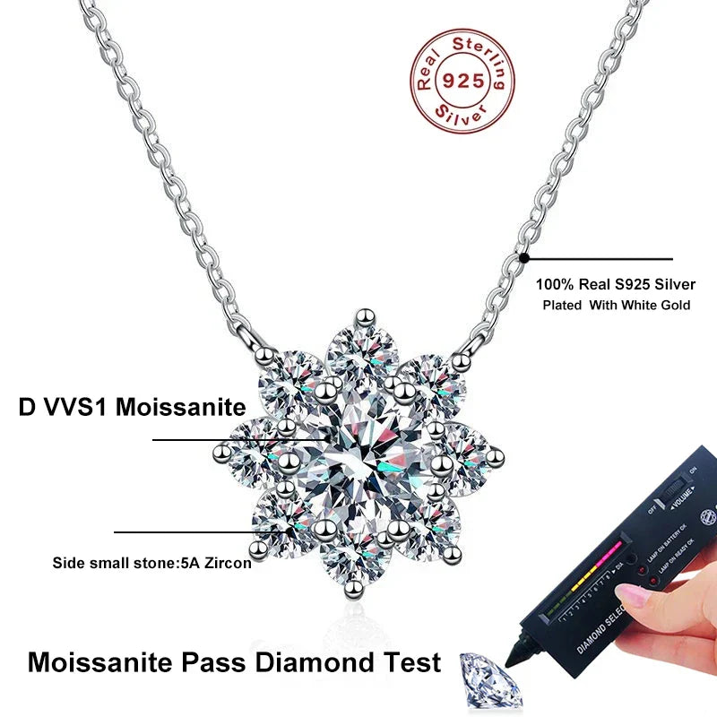 NeeTim 1CT Moissanite Diamond Necklace For Woman Pendant 925 Silver Plated with White Gold Chains Party Bridal Fine Jewelry Gift Vera Lux