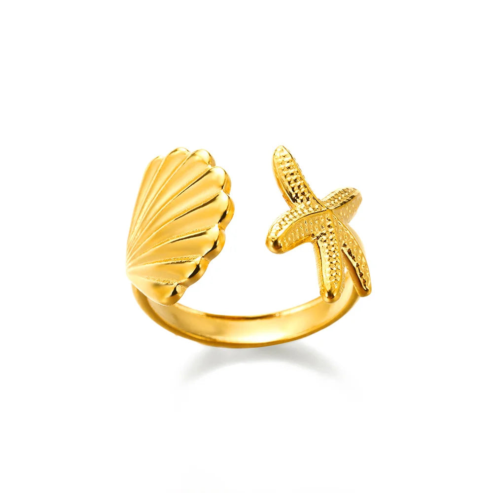 316L Stainless Steel Starfish Shell Rings for Women Gold Color Open Finger Ring Femme Trendy Summer Vacation Ocean Jewelry Gift Vera Lux