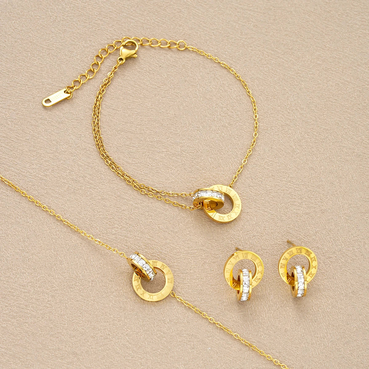 4Pcs/Set Gold Color Stainless Steel Crystal Necklace Bracelet Earrings for Women Interlocking Circles Roman Numbers Jewelry Sets Vera Lux