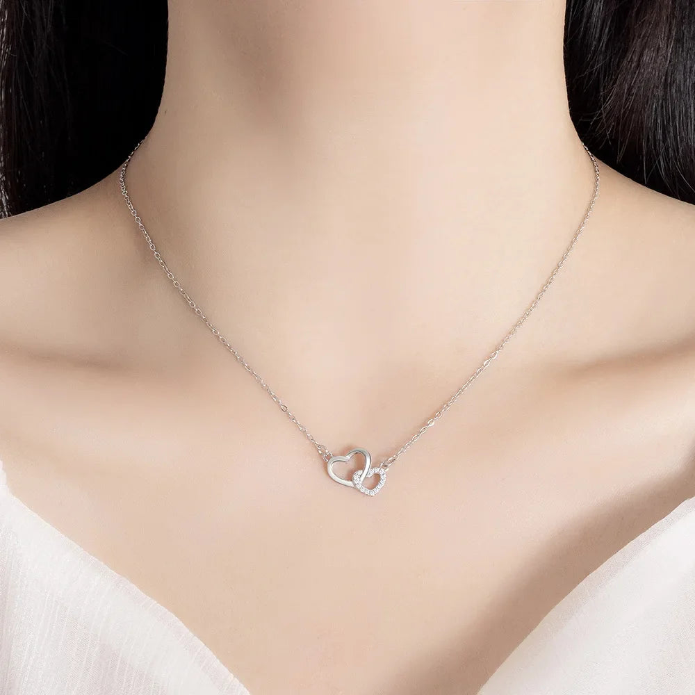 925 Sterling Silver Zircon Double Heart Necklaces For Women Girls Wedding Luxury Designer Jewelry Accessories Argent 925 Vera Lux