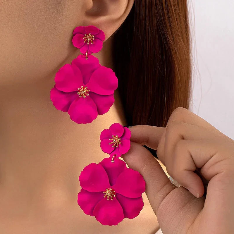 Women Fuchsia Flower Drop Earrings Gold Plating White Fuchsia Spray Big Flower Dangle Earrings Holiday Bridal Earrings Vera Lux