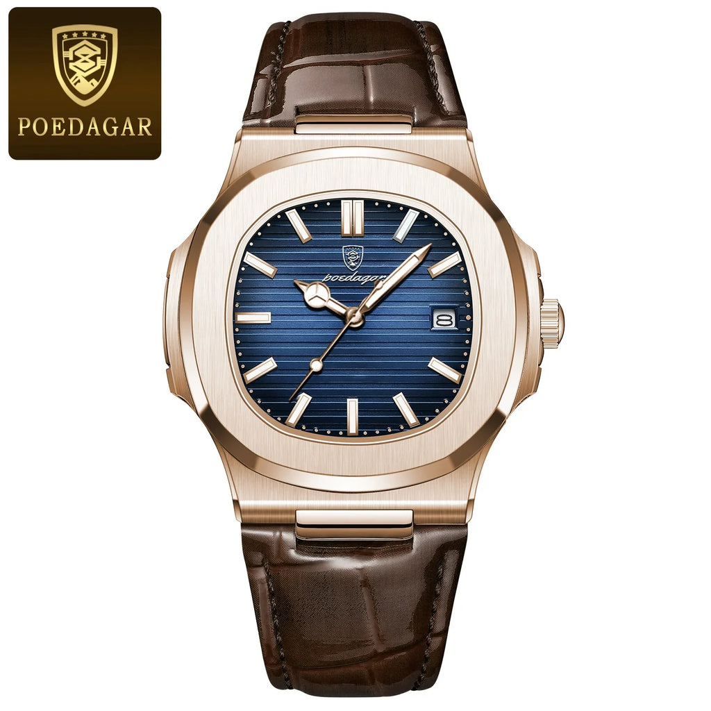 POEDAGAR Fashion Square Men's Watch Waterproof Luminous Date Business Man Wristwatch Casual Leather Quartz Watches For Men Reloj Vera Lux