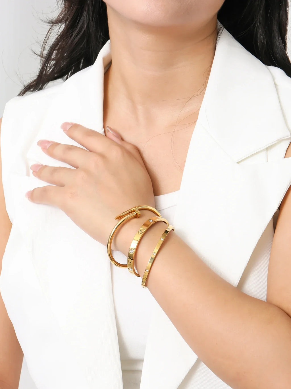 1pc 18K Gold Plated Stainless Steel Stackable Bracelet With Chain And Clover Design, Fashion Style For Women, Suitable For Casua Vera Lux