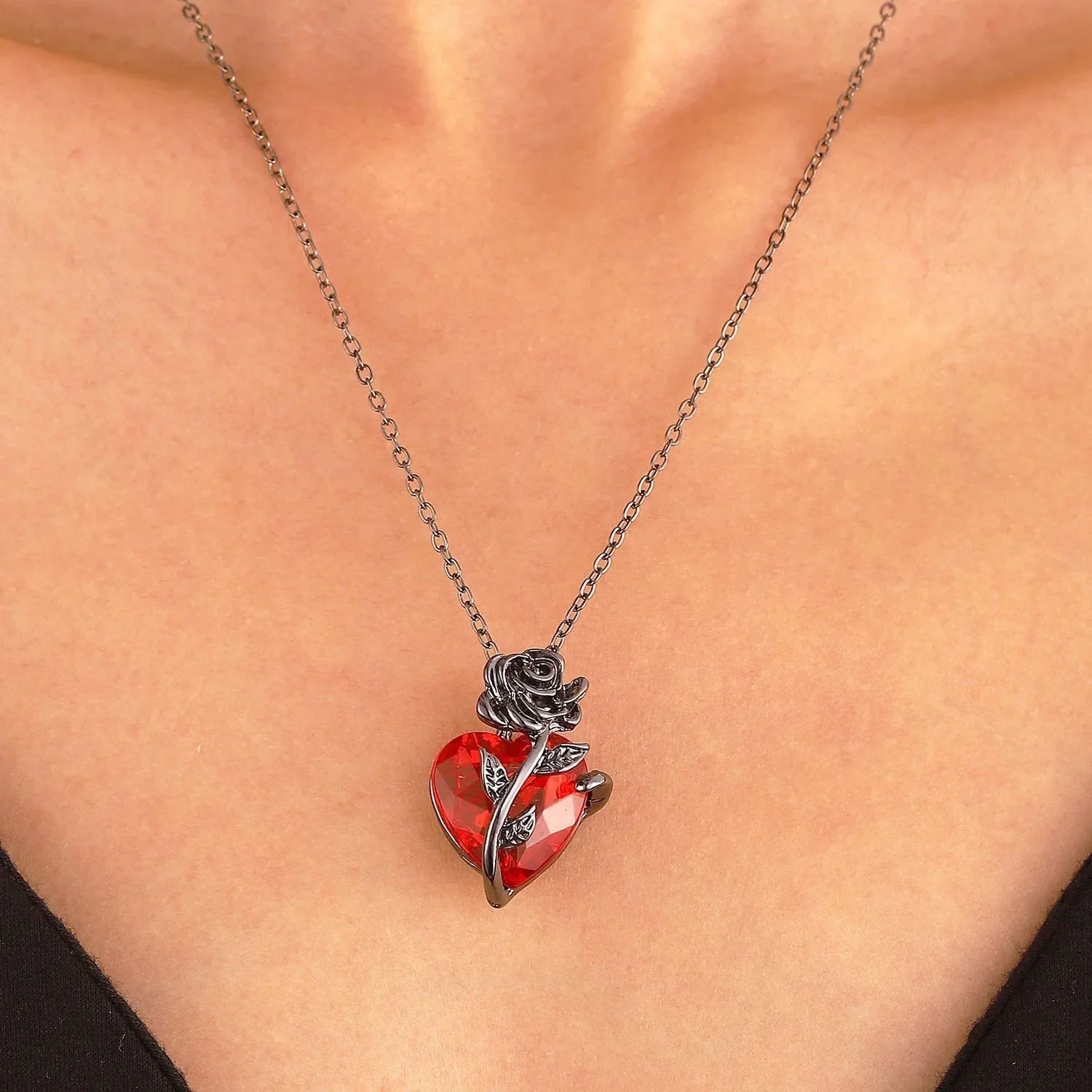 Luxurious Red Crystal Heart Necklace, Vintage Black Rose Floral Pendant, Elegant Fashion Jewelry Gift for Women Vera Lux