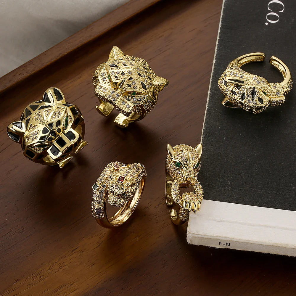 NEWBUY High Quality Fashion Statement Big Animal Ring For Women Girl Party Jewelry Gold Color Zircon Leopard Open Ring Wholesale Vera Lux