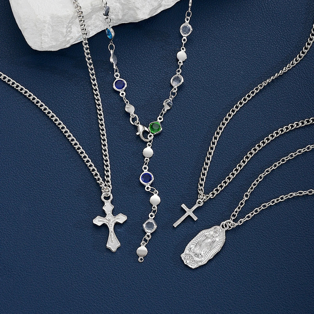 4Pcs/Set Cross Colorful Crystal Necklaces For Women Simple Gold Silver Color Y-Shaped Pendant Necklace Set New Christian Jewelry Vera Lux