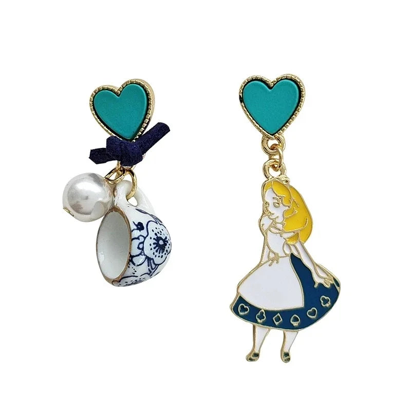 Carton Fairy Tale Princess Alice Asymmetry Earrings Imitation Pearl Blue Heart Dangle Earrings Cute Girls Enamel Earrings Vera Lux