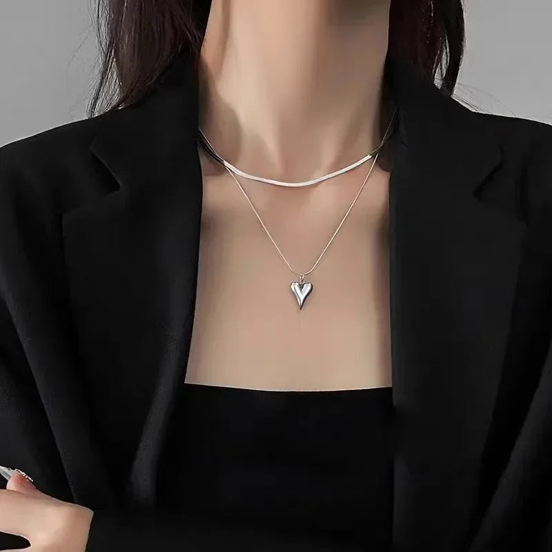 LATS Double Layered Love Heart Pendant Necklace for Women Silver Color Simple Neck Chain Choker Fashion Jewelry Birthday Gifts Vera Lux