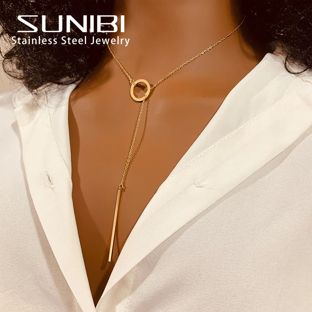 SUNIBI Vertical Bar Pendant Necklaces Stainless Steel Simple Long Lariat Chain Minimalist Dangle Necklace for Women Jewelry Gift Vera Lux