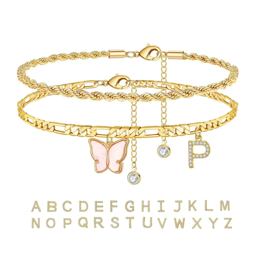 2Pcs Stainless Steel Initial Anklet Set For Women 26 Letter Acrylic Butterfly Charm Chain On Foot Summer Ankle Bracelet Jewelry Vera Lux