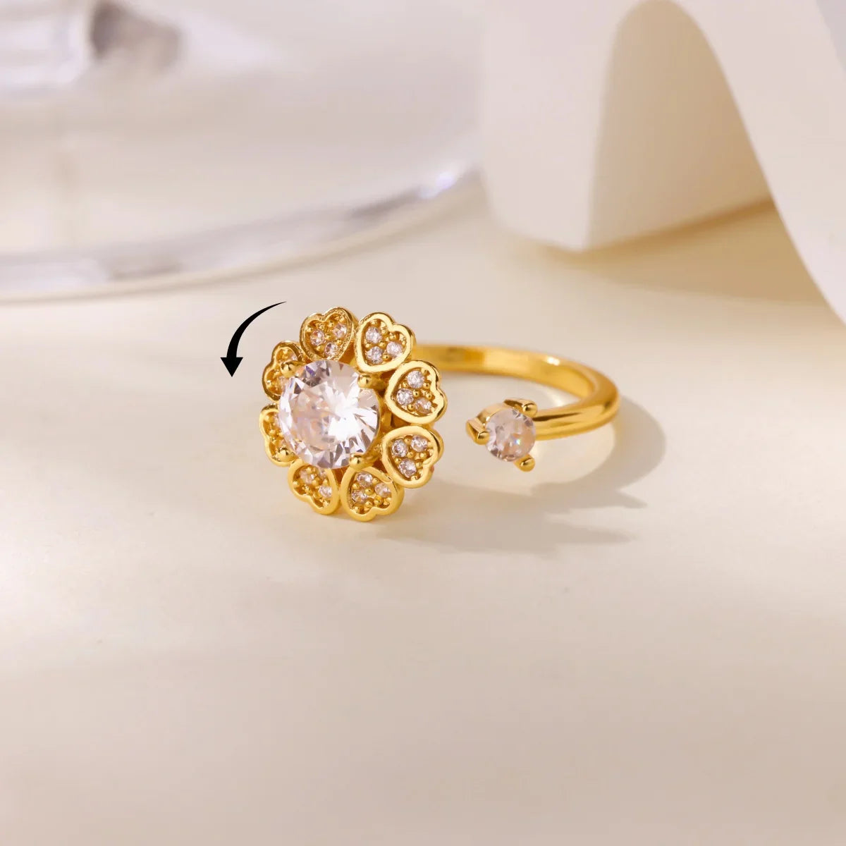 Luxury Zircon Rotable Flower Heart Rings For Women Stainless Steel Gold Color Open Ring 2025 New Fashion Wedding Couple Jewelry Vera Lux