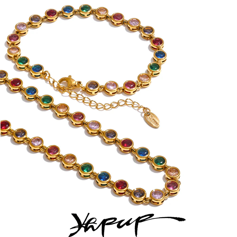 Yhpup Exquisite Colorful Cubic Zirconia Luxury Cast Chain Necklace Bracelet for Women Stainless Steel Waterproof Jewelry Gift Vera Lux