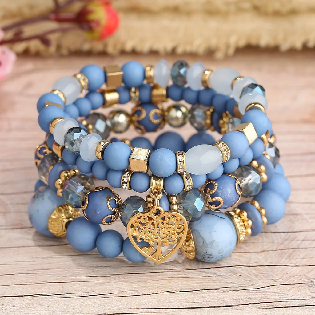 4Pcs Tree of Life Heart Bracelet Set For Women Acrylic Glass Beads Chain Elastic Bangle Female Fashion Party Jewelry Vera Lux