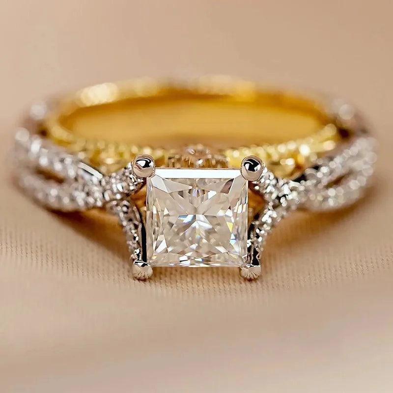 925 Sterling Silve Modern Fashion Princess CZ Two Tone Rings Luxury Bridal Wedding Unique Design Statement Jewelry for Women Vera Lux