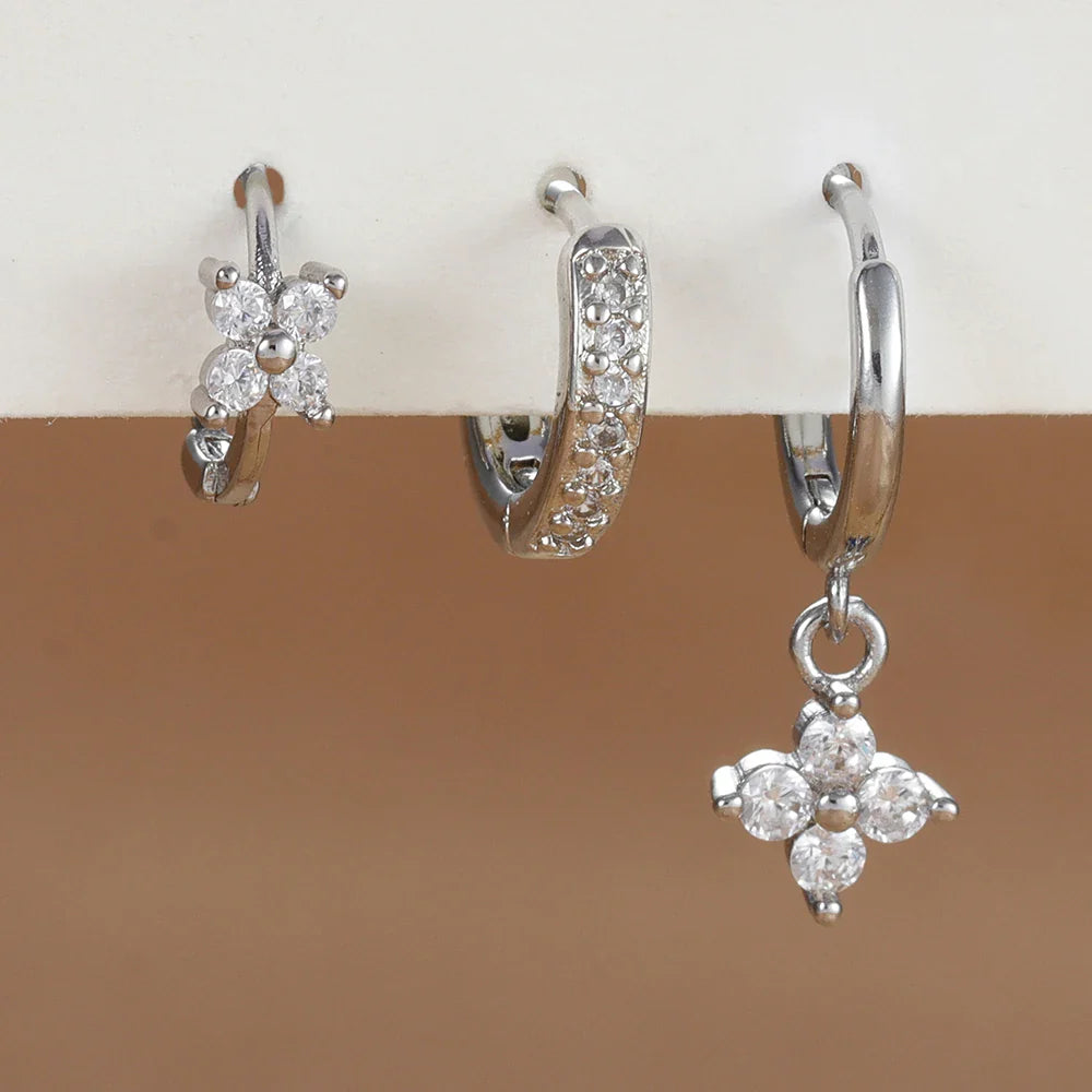 3PCS Trendy Stainless Steel Flower Drop Earring Set For Women Crystal Zirconia Dangle Earring Hypoallerg Piercing Jewelry aretes Vera Lux