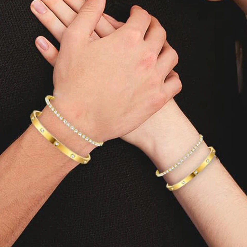 Yupsk 2 Pieces Stainless Steel Zirconia Tennis Bracelet Bangle Set Round Zircon CZ Aesthetic Women Jewelry Set Gift Vera Lux