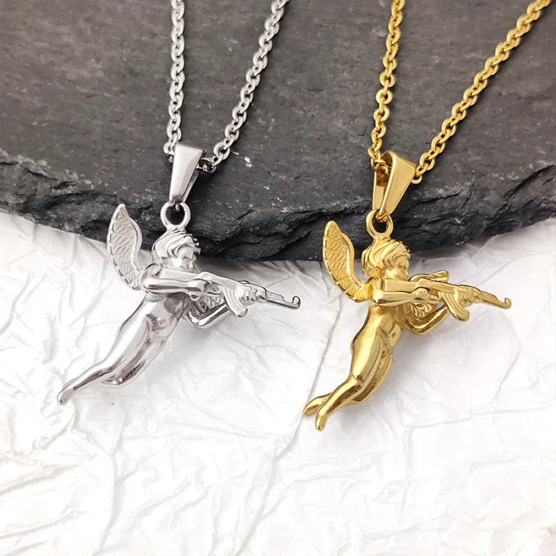 3D Angel with Gun Pendant Necklace for Men - 18K Gold Plated & 316L Steel Rope Chain Hip Hop Gothic Jewelry Gift Cupid's Reveng Vera Lux