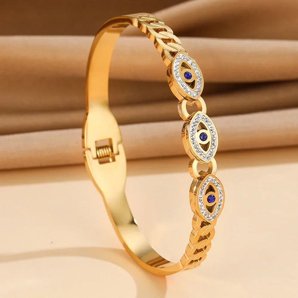 Fashion Stainless Steel Bracelet For Women Men Evil Eye Cuff Bangles Gold Plated Spring Buckle Lucky Amulet Jewelry Accessories Vera Lux