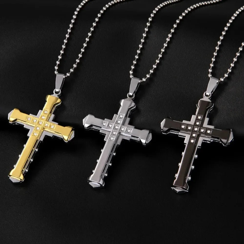 Men's Crystal Cross Pendant Necklace, Gold/Black/Blue Zirconia, Stainless Steel Jesus Cross Jewelry Vera Lux