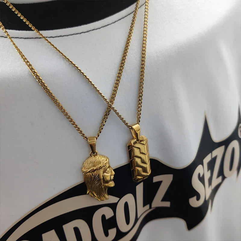 Hot Sale 18K Gold Plated Stainless Steel Mens Jewelry Classic Men's Necklace Square Tire Patterns Pendant Hip Hop Necklace Vera Lux