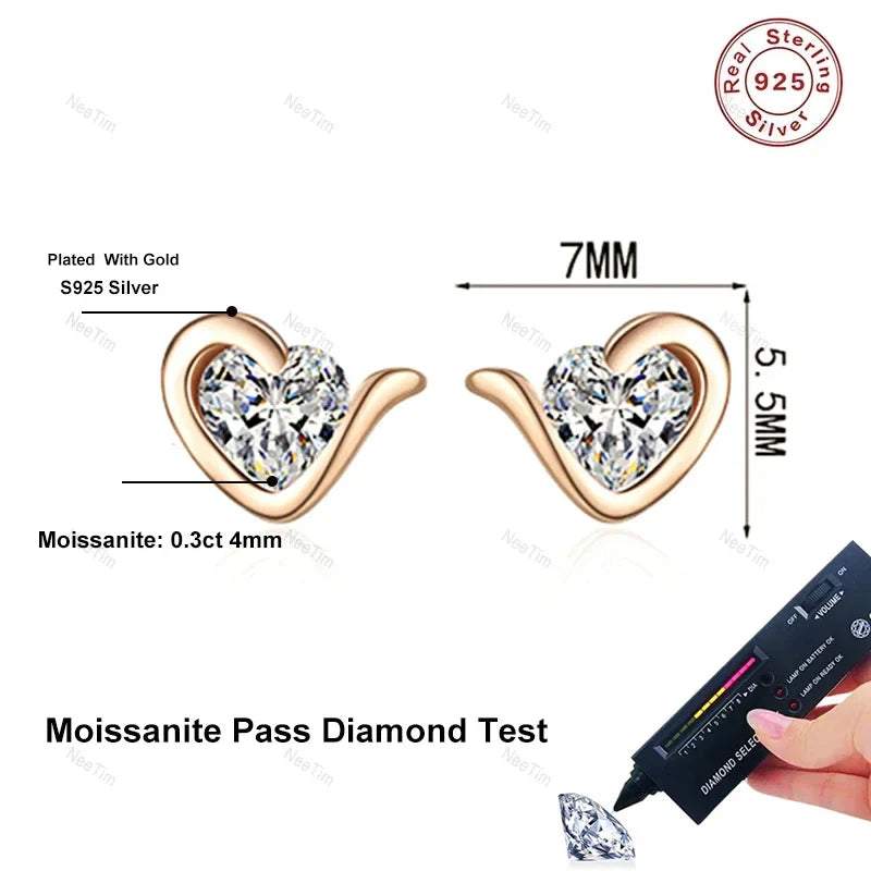 NeeTim Moissanite Heart Stud Earrings for Women 925 Sterling Silver with White Champagne Gold Plated Wedding Earring Certified Vera Lux