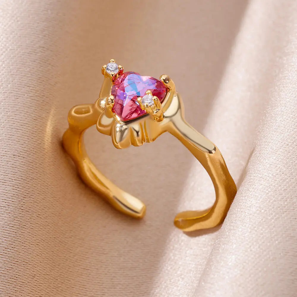 Stainless Steel Rings For Women Gold Color Fashion Heart Zircon Opening Ring Female Finger Wedding Party Jewelry Gift Vera Lux