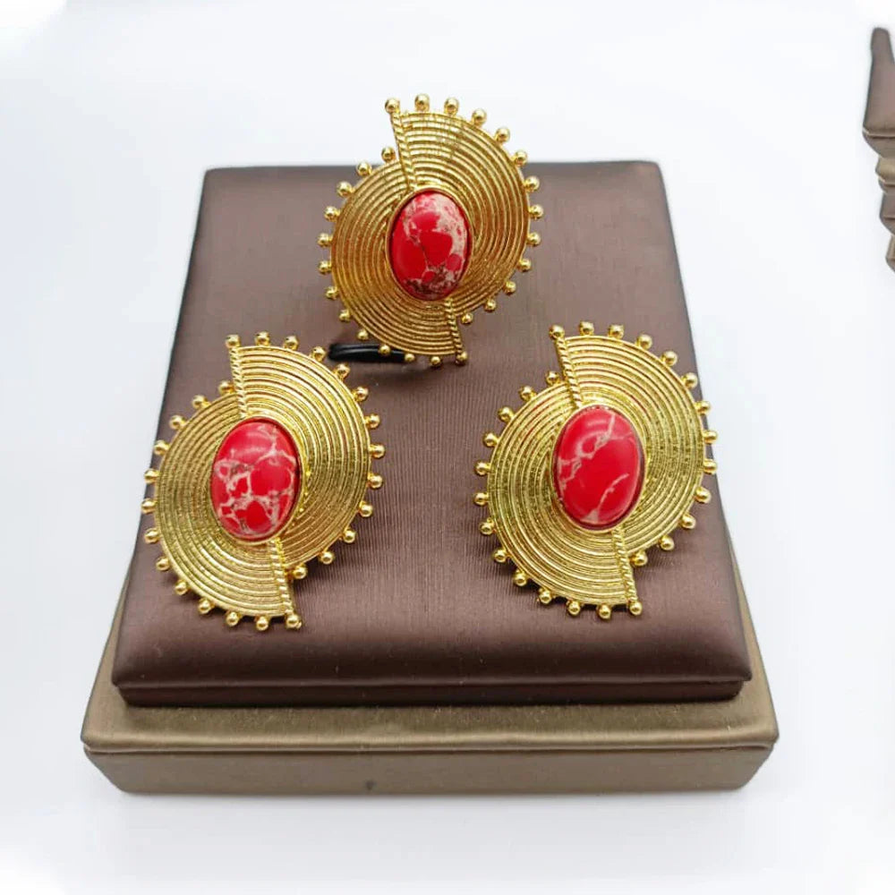 African Jewelry Set for Women Spiral Shape New Fashion Purpuse Stone Earrings Finger Ring Dubai Indian Luxury Gold Color Jewelry Vera Lux