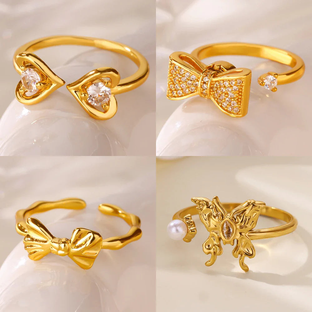 Stainless Steel Butterfly Bow Rings for Women Fashion Zircon Heart Open Ring Trendy Aesthetic Jewelry Party Wedding Gift Vera Lux