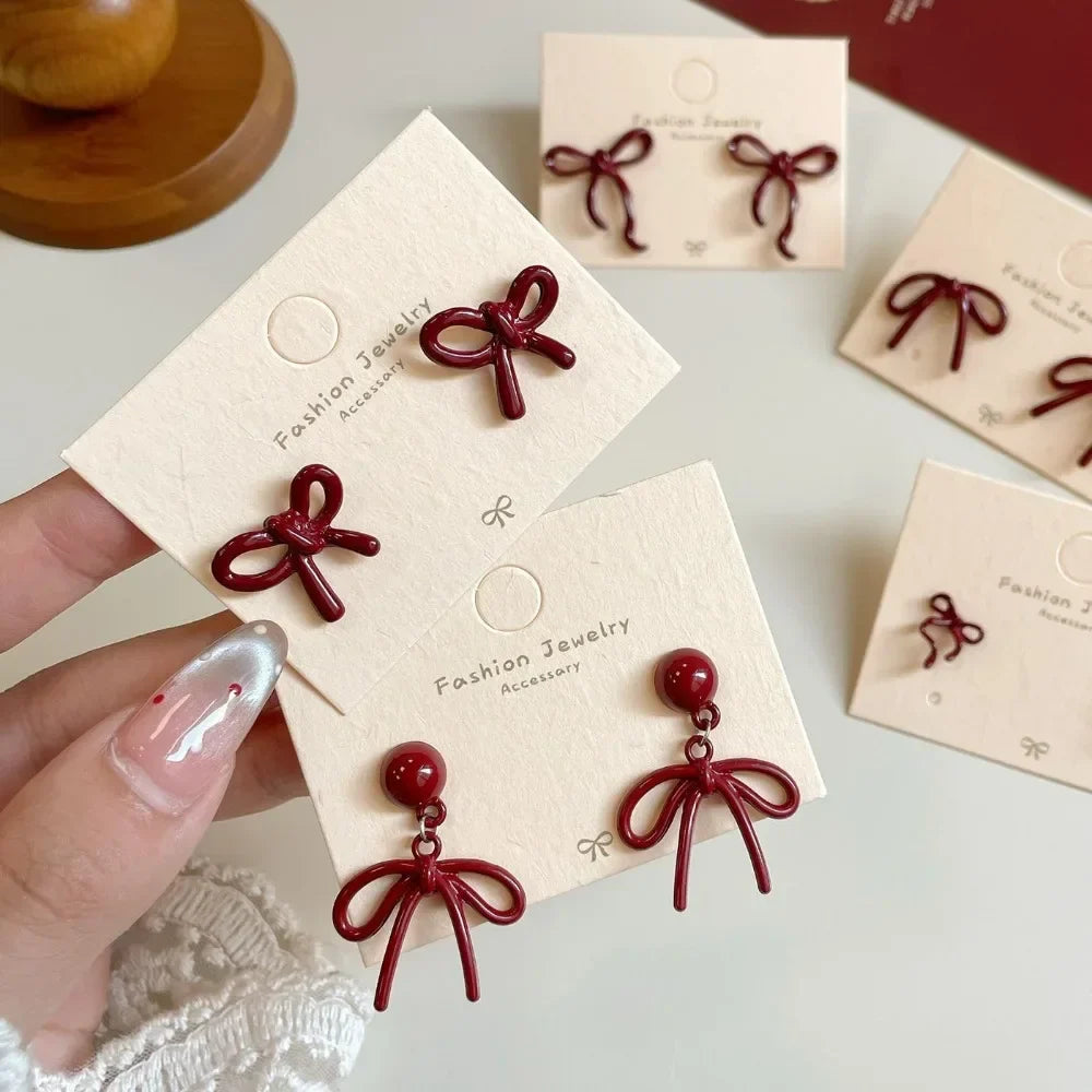 Retro Style Red Bowknot Stud Earrings for Women Girls Simple Earings Piercing Ballet Ribbon Aesthetics Elegant Ear Jewelry Gifts Vera Lux