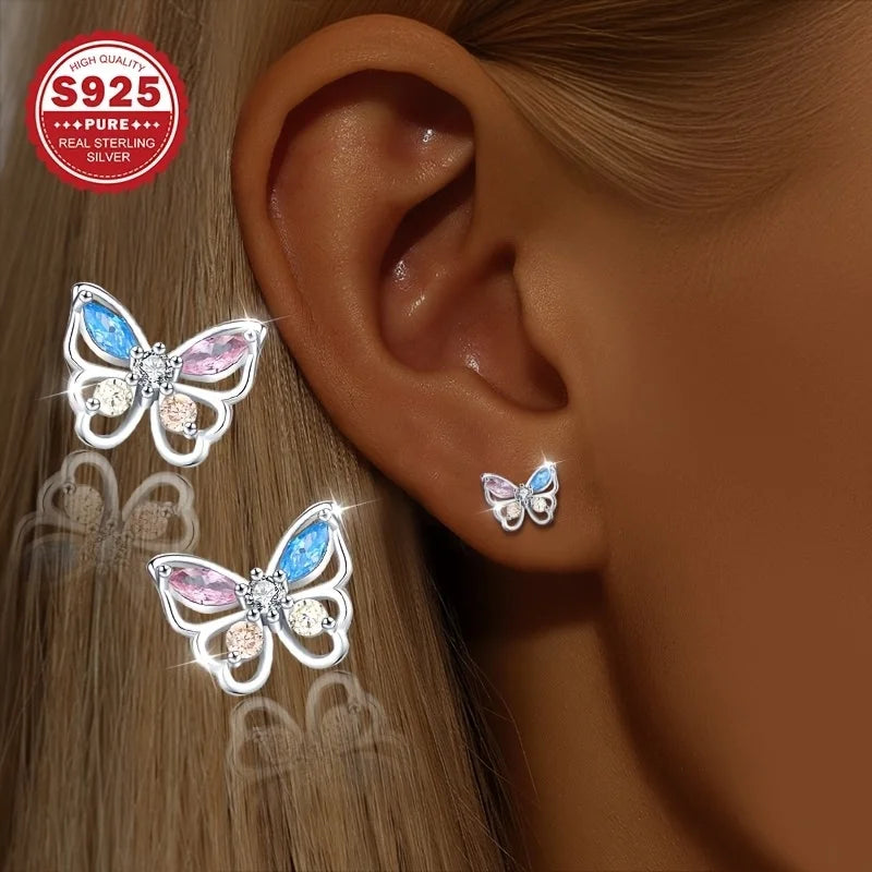 1 pair of high-end luxury earrings, pure silver colored zirconium butterfly earrings, dancing earrings, suitable for daily and m Vera Lux