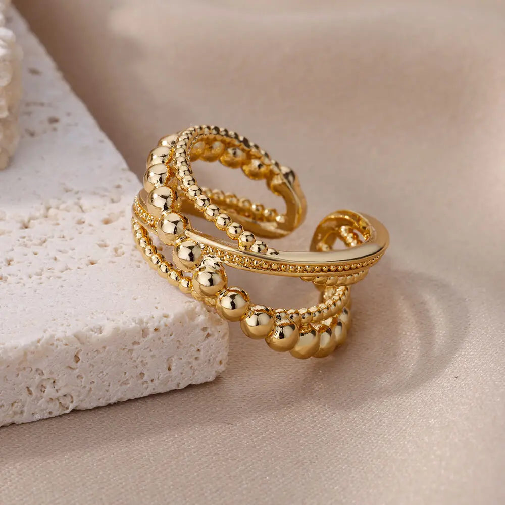 Stainless Steel Bead Twist Cross Rings For Women Gold Plated Irregular Opening Ring Wedding Aesthetic Jewelry anillos mujer Vera Lux