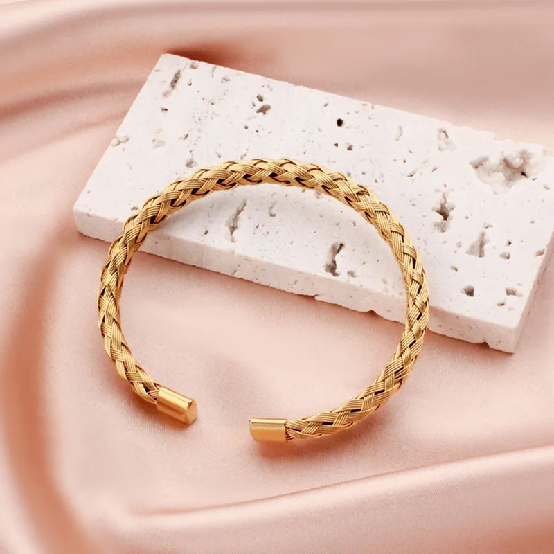 1Pcs Titanium Steel Woven Bangle Trendy And Minimalist Style Steel Wire Braided Adjustable C-shaped Opening Bracelet Vera Lux